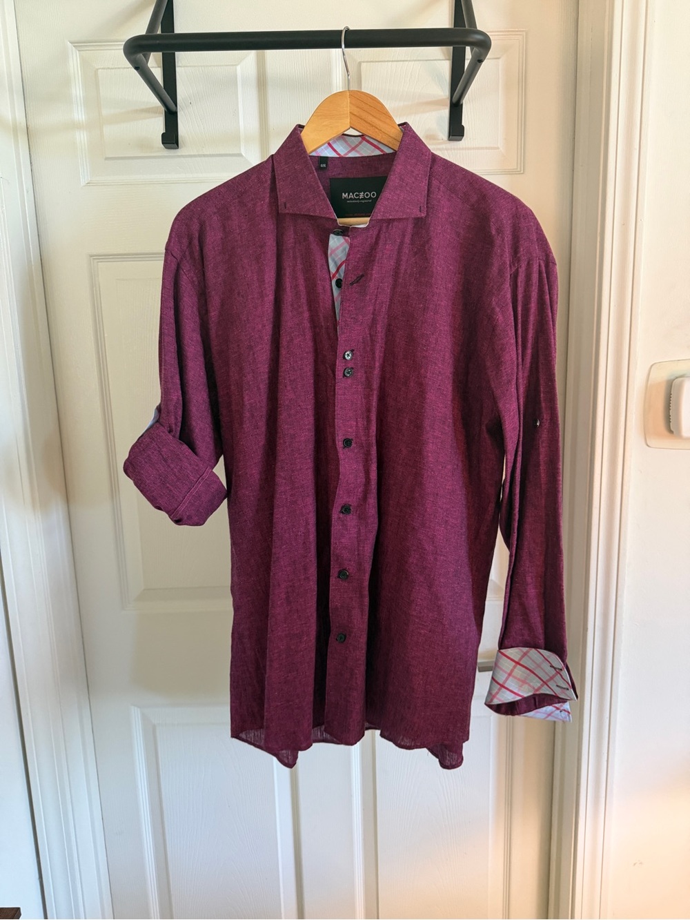 Maceoo Men's Purple Plaid Contrast Trim Linen Shirt XL - Picture 2 of 11